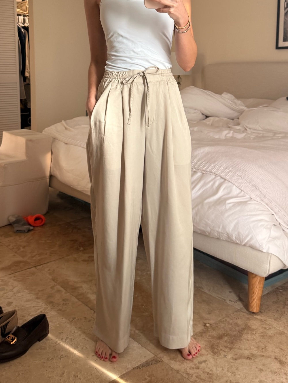 Club Monaco Cream High-Waist Wide Leg Drawstring Pants